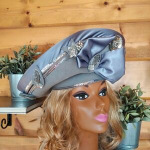 Vintage Deborah New York 70s Gray Satin Bow Wool Sequins Beaded Church Derby Hat